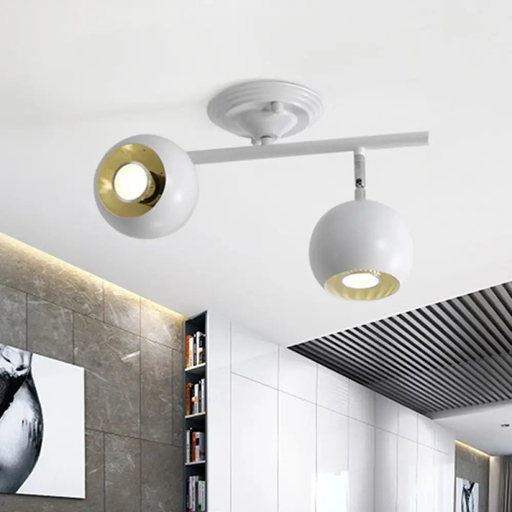 Modern Semi Flush Globe Light Fixture - White Finish 2 - Light Ceiling - Mounted Lamp With Metallic