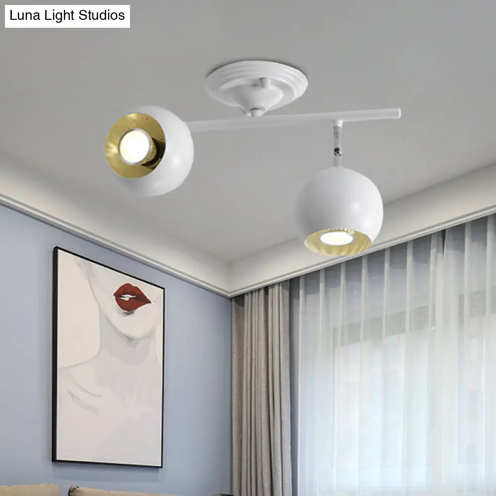 Modern Semi Flush Globe Light Fixture - White Finish 2 - Light Ceiling - Mounted Lamp With Metallic