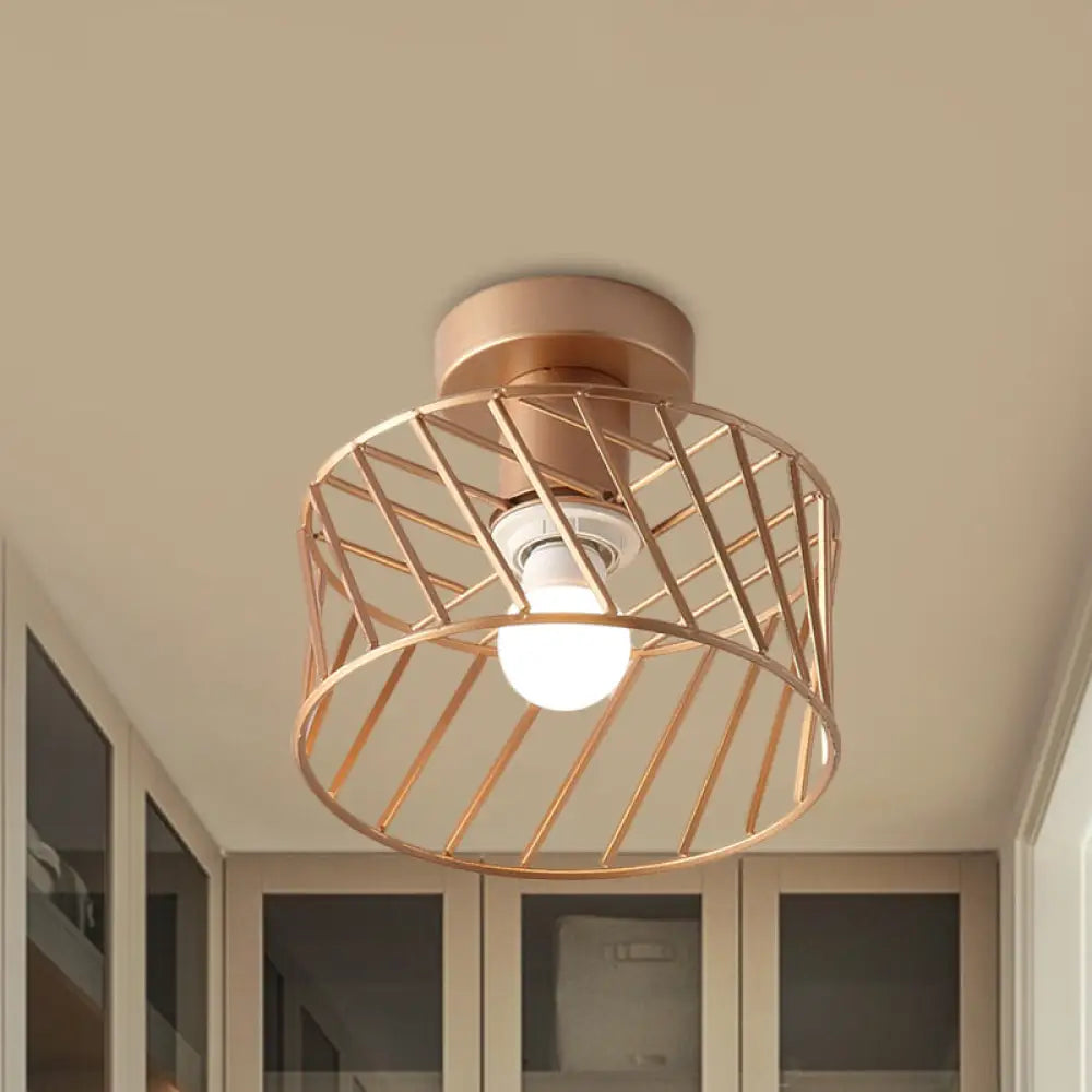 Modern Semi-Flush Gold Drum Cage Light Fixture For Corridor