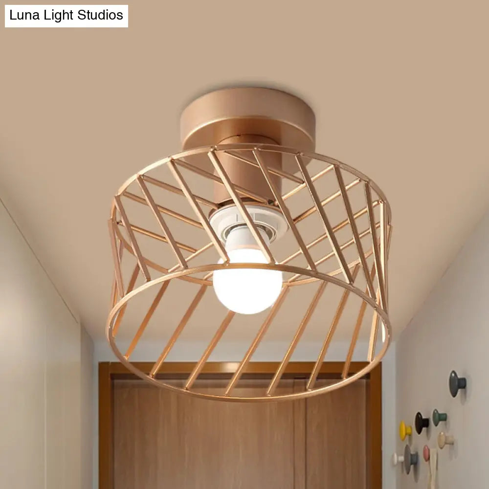 Modern Semi-Flush Gold Drum Cage Light Fixture For Corridor