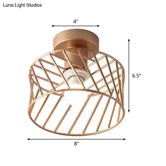 Modern Semi-Flush Gold Drum Cage Light Fixture For Corridor