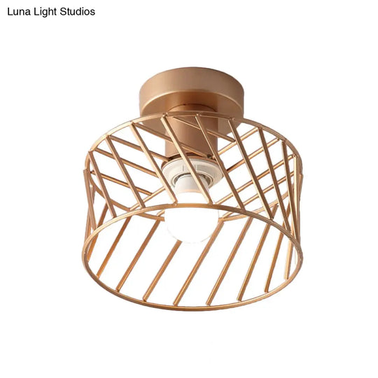 Modern Semi-Flush Gold Drum Cage Light Fixture For Corridor