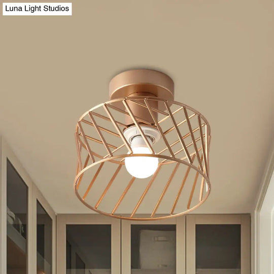 Modern Semi-Flush Gold Drum Cage Light Fixture For Corridor