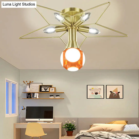 Modern Semi-Flush Mount Ceiling Lamp - 6 Bulbs Metal Shade White/Red Star Design Bedroom Lighting