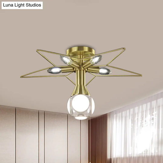 Modern Semi - Flush Mount Ceiling Lamp - 6 Bulbs Metal Shade White/Red Star Design Bedroom Lighting