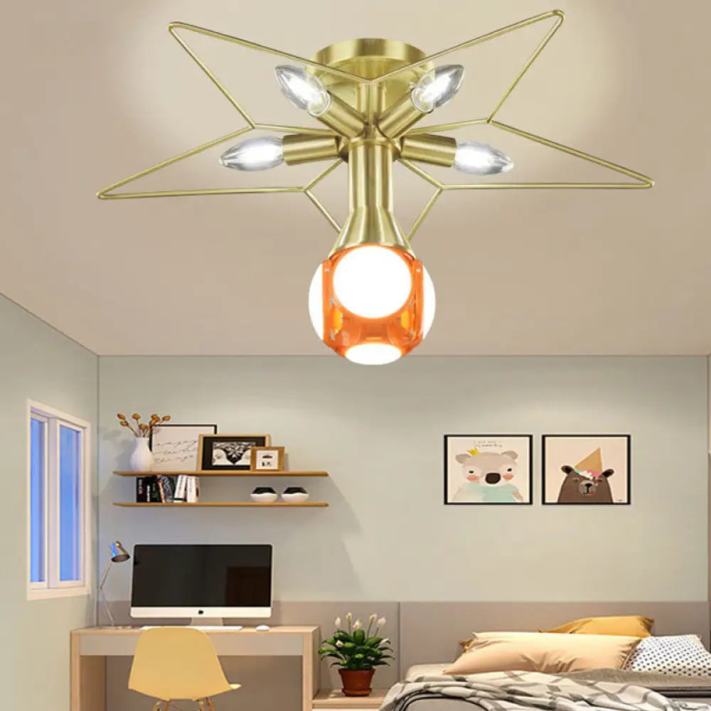 Modern Semi - Flush Mount Ceiling Lamp - 6 Bulbs Metal Shade White/Red Star Design Bedroom Lighting