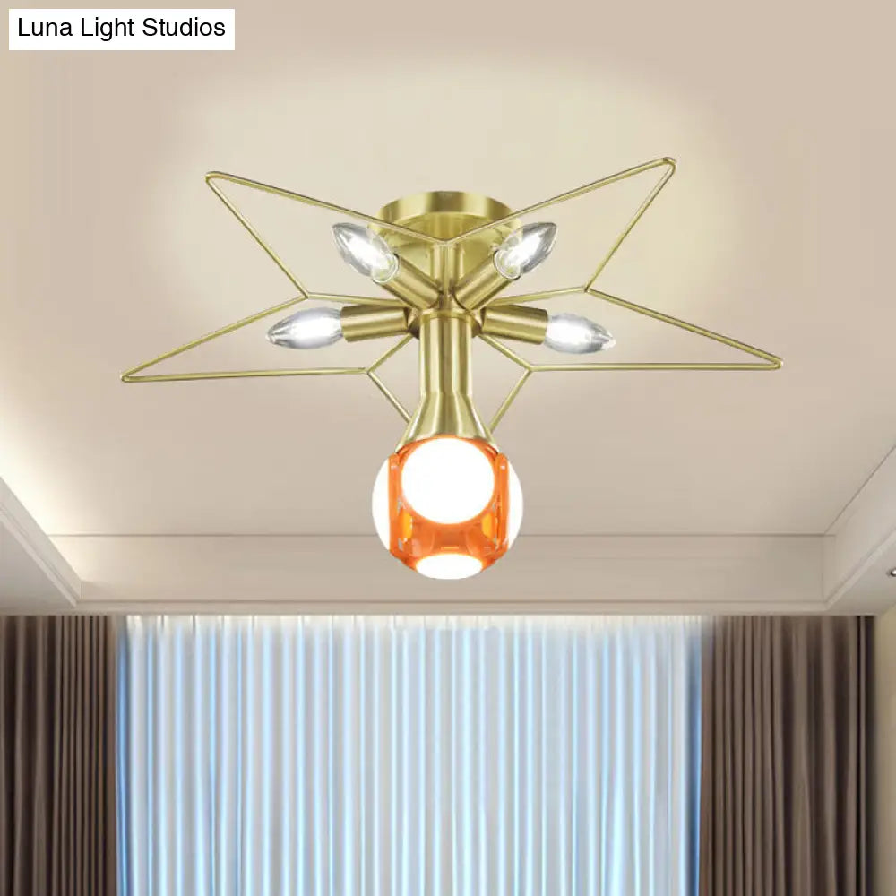 Modern Semi - Flush Mount Ceiling Lamp - 6 Bulbs Metal Shade White/Red Star Design Bedroom Lighting