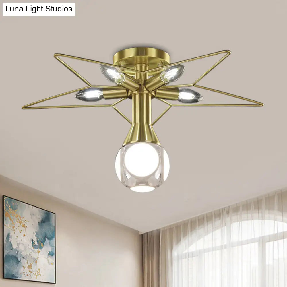 Modern Semi-Flush Mount Ceiling Lamp - 6 Bulbs Metal Shade White/Red Star Design Bedroom Lighting