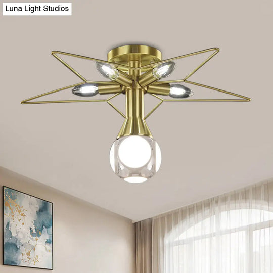 Modern Semi-Flush Mount Ceiling Lamp - 6 Bulbs Metal Shade White/Red Star Design Bedroom Lighting