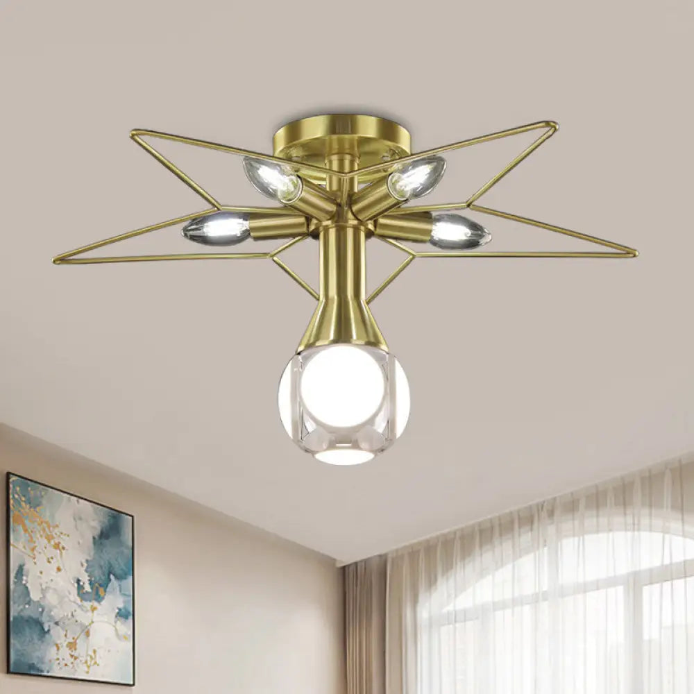 Modern Semi - Flush Mount Ceiling Lamp - 6 Bulbs Metal Shade White/Red Star Design Bedroom Lighting