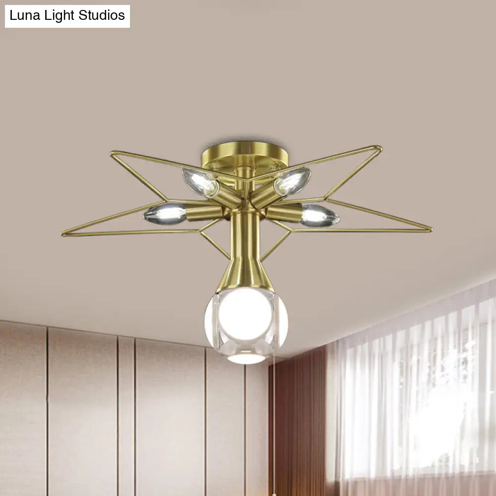 Modern Semi-Flush Mount Ceiling Lamp - 6 Bulbs Metal Shade White/Red Star Design Bedroom Lighting