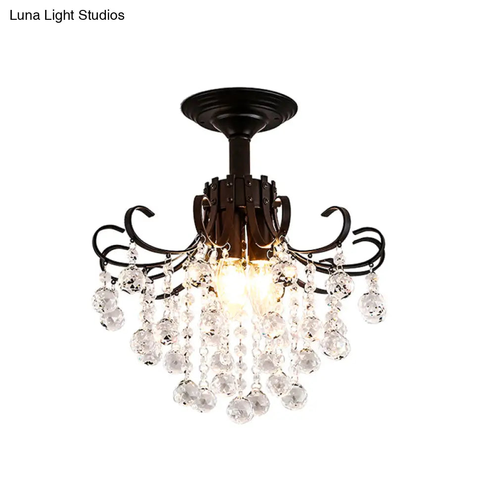 Modern Semi-Flush Mount Ceiling Light With Curve Arm And Faceted Crystal Balls In Gold/Black