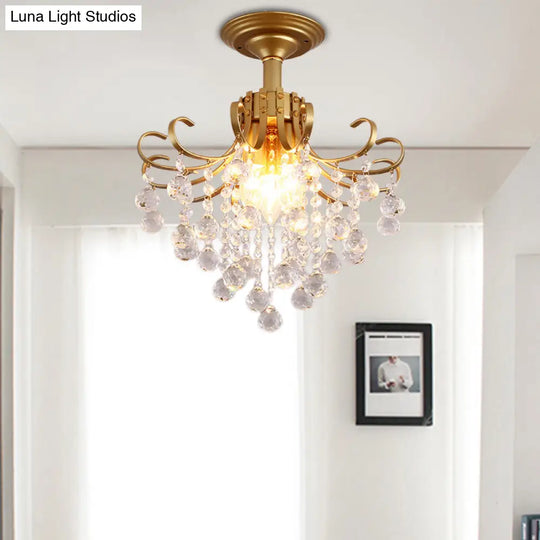 Modern Semi-Flush Mount Ceiling Light With Curve Arm And Faceted Crystal Balls In Gold/Black Perfect