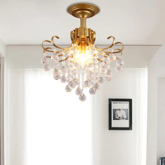 Modern Semi-Flush Mount Ceiling Light With Curve Arm And Faceted Crystal Balls In Gold/Black