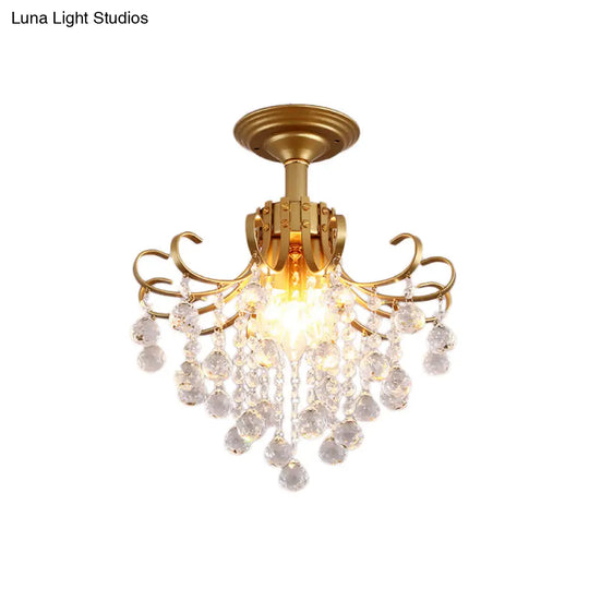 Modern Semi-Flush Mount Ceiling Light With Curve Arm And Faceted Crystal Balls In Gold/Black