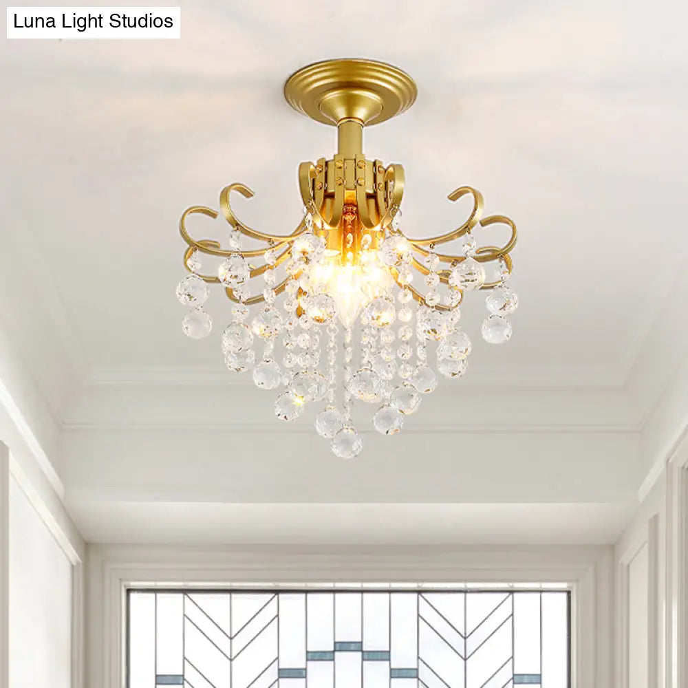 Modern Semi-Flush Mount Ceiling Light With Curve Arm And Faceted Crystal Balls In Gold/Black