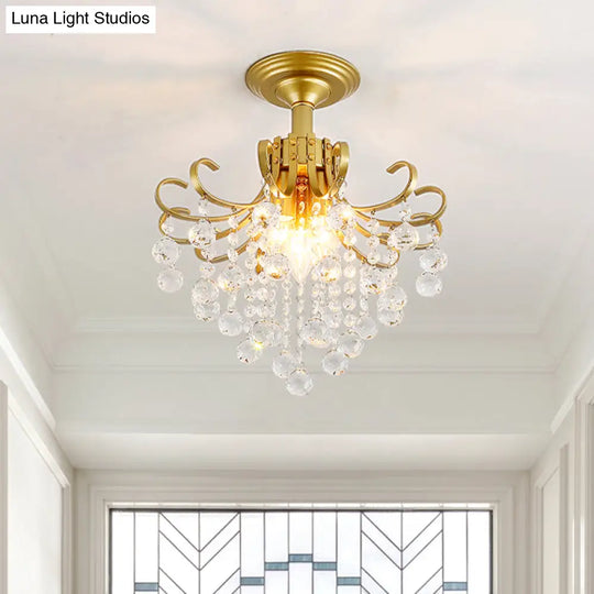 Modern Semi-Flush Mount Ceiling Light With Curve Arm And Faceted Crystal Balls In Gold/Black