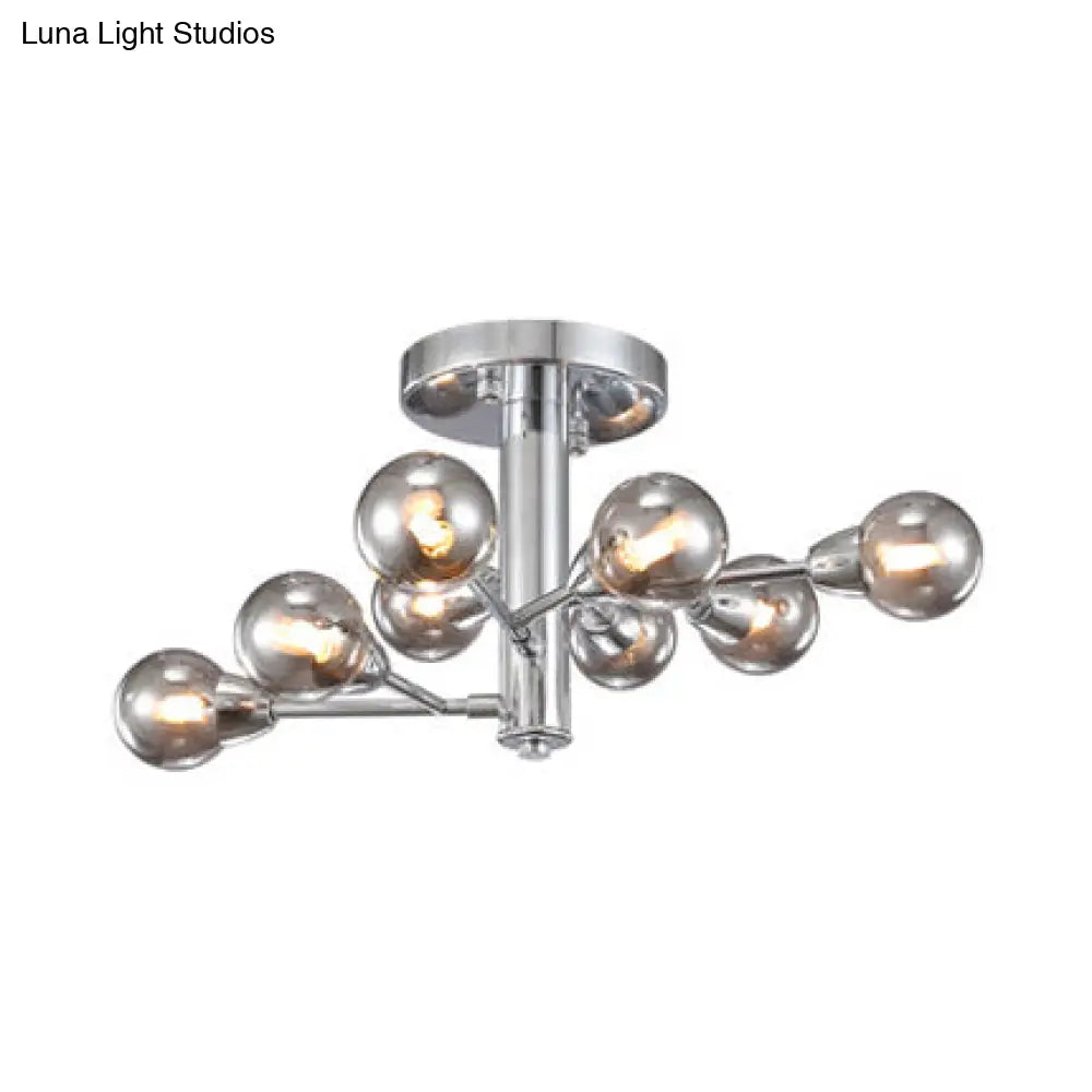 Modern Semi Flush Mount Chandelier - Silver Sphere With Smoke Glass Multi Lights