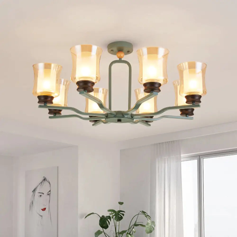 Modern Semi Flush Mount Cup Tan Glass Ceiling Lamp With 8 Bulbs In White/Grey/Green Green