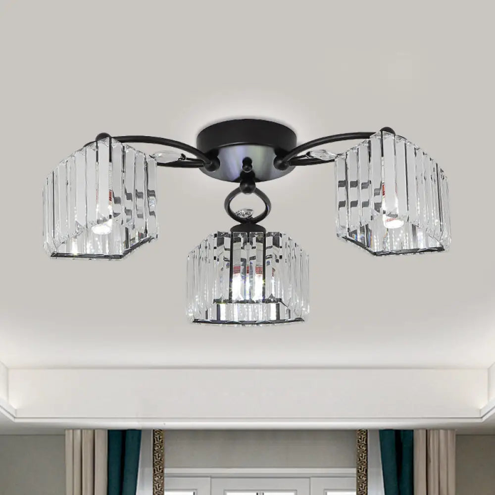Modern Semi Flush Mount With Clear Crystals And Sleek Black Finish - 3/6 Heads Trapezoid Design 3 /
