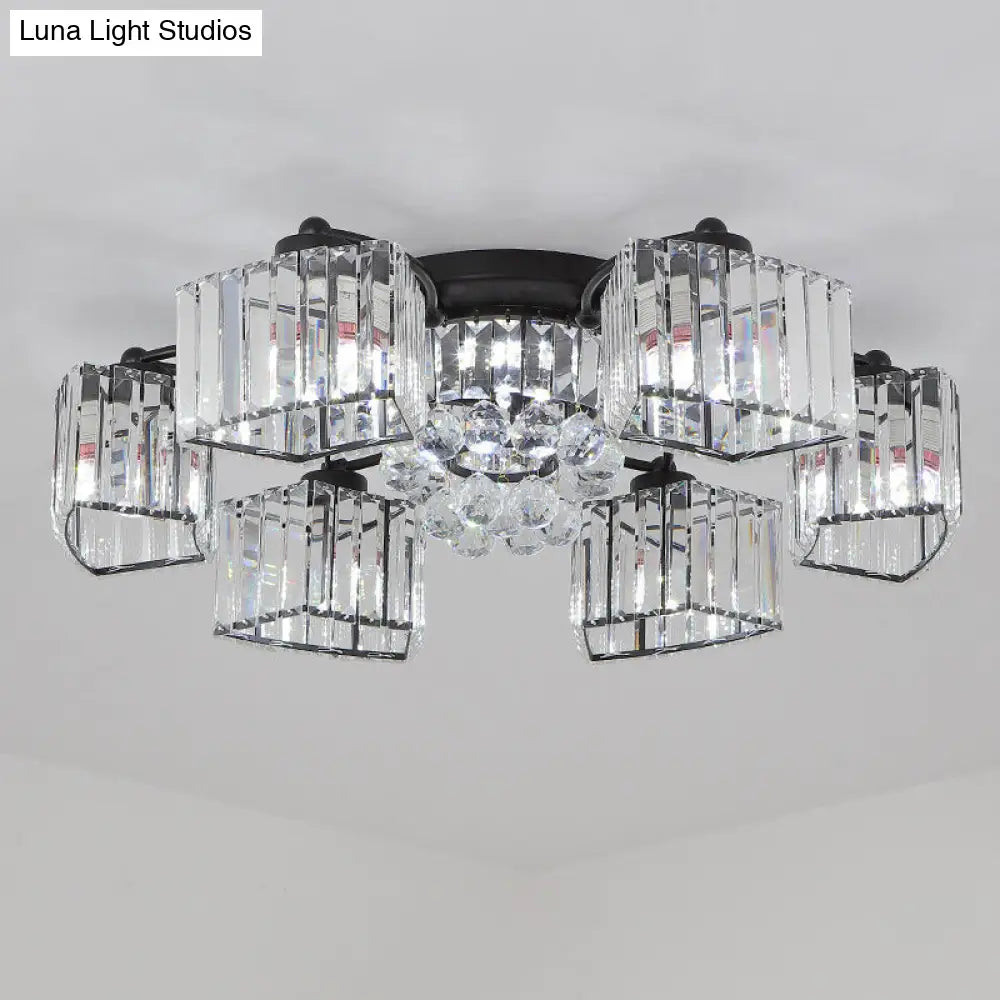 Modern Semi Flush Mount With Clear Crystals And Sleek Black Finish - 3/6 Heads Trapezoid Design