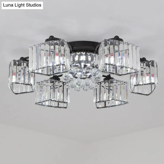 Modern Semi Flush Mount With Clear Crystals And Sleek Black Finish - 3/6 Heads Trapezoid Design