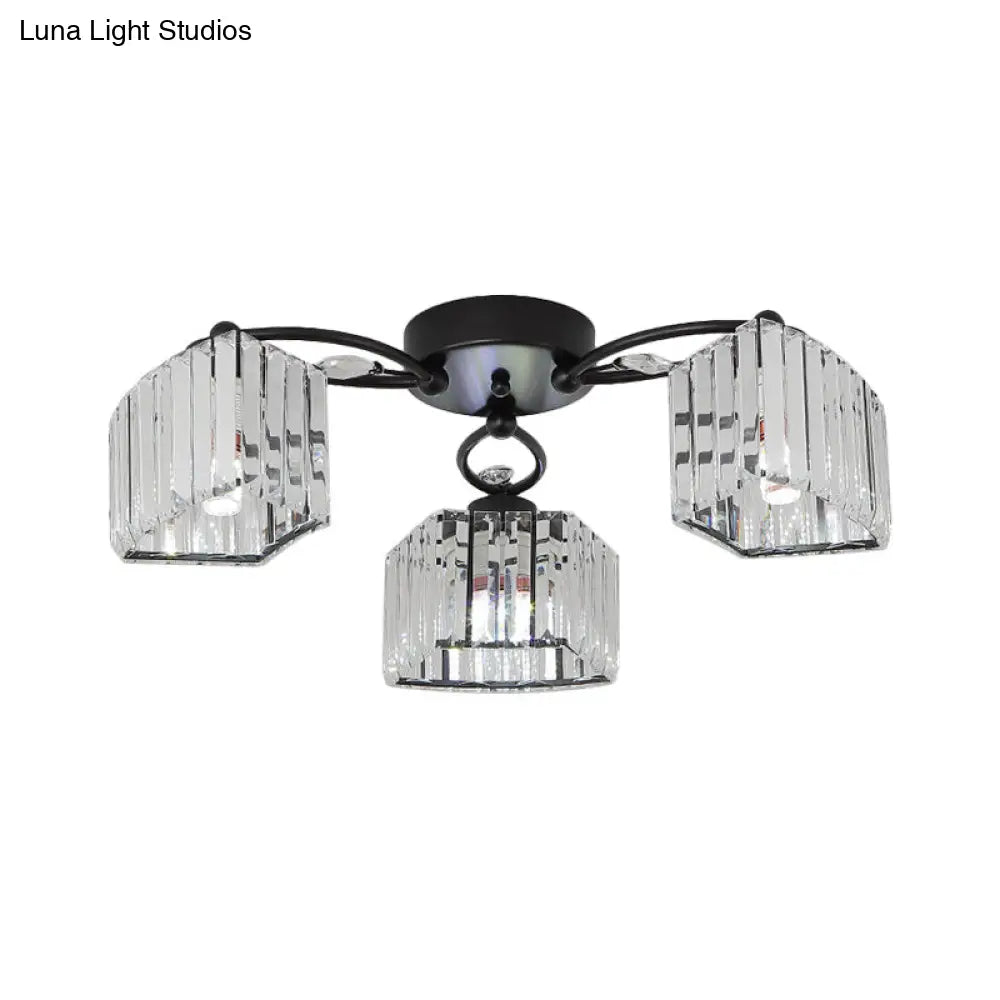 Modern Semi Flush Mount With Clear Crystals And Sleek Black Finish - 3/6 Heads Trapezoid Design