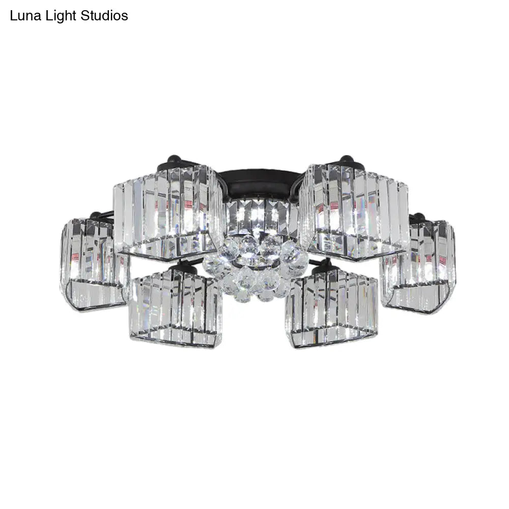 Modern Semi Flush Mount With Clear Crystals And Sleek Black Finish - 3/6 Heads Trapezoid Design