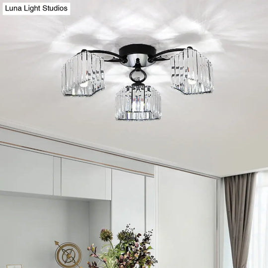 Modern Semi Flush Mount With Clear Crystals And Sleek Black Finish - 3/6 Heads Trapezoid Design