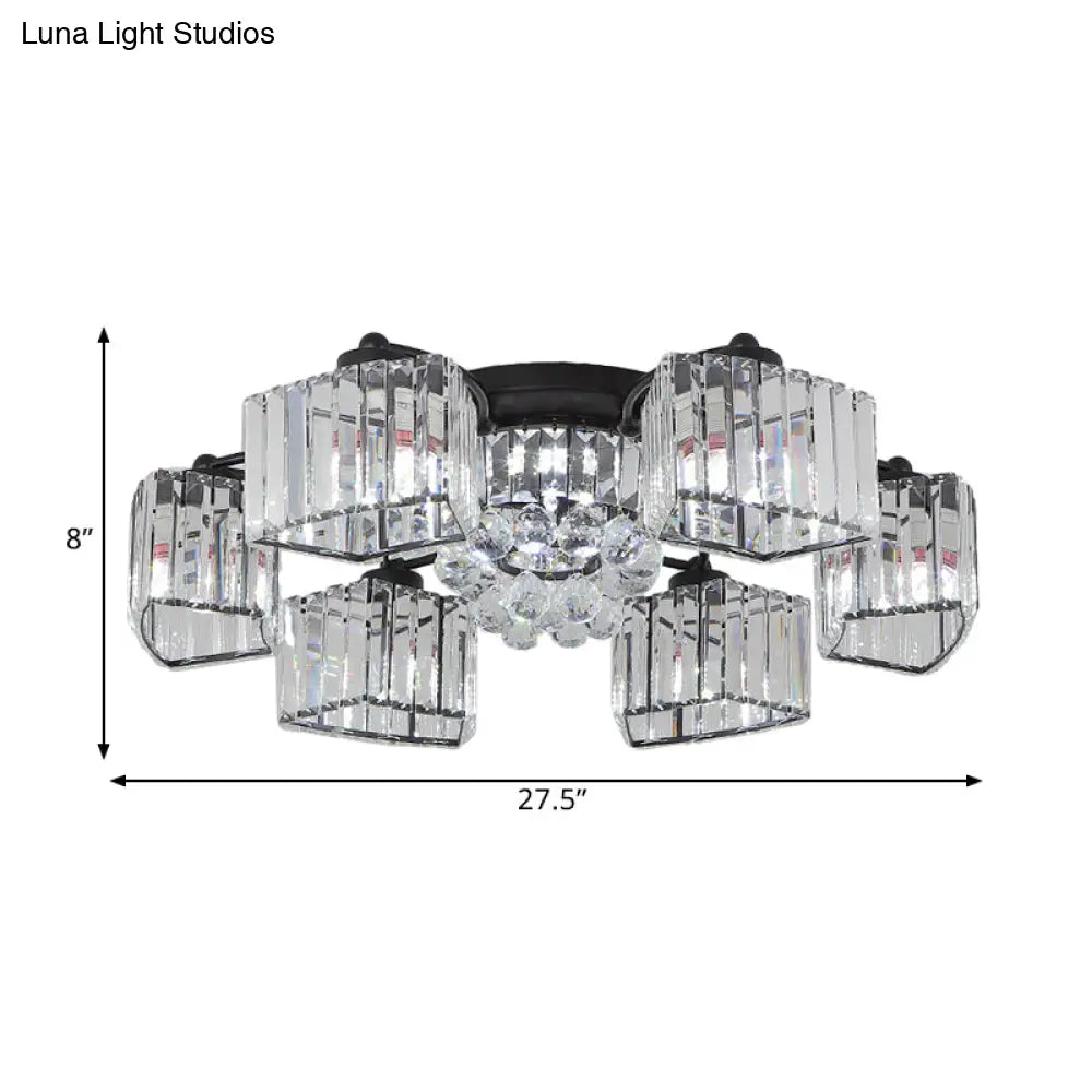 Modern Semi Flush Mount With Clear Crystals And Sleek Black Finish - 3/6 Heads Trapezoid Design