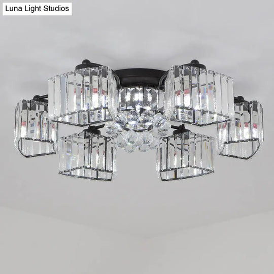 Modern Semi Flush Mount With Clear Crystals And Sleek Black Finish - 3/6 Heads Trapezoid Design