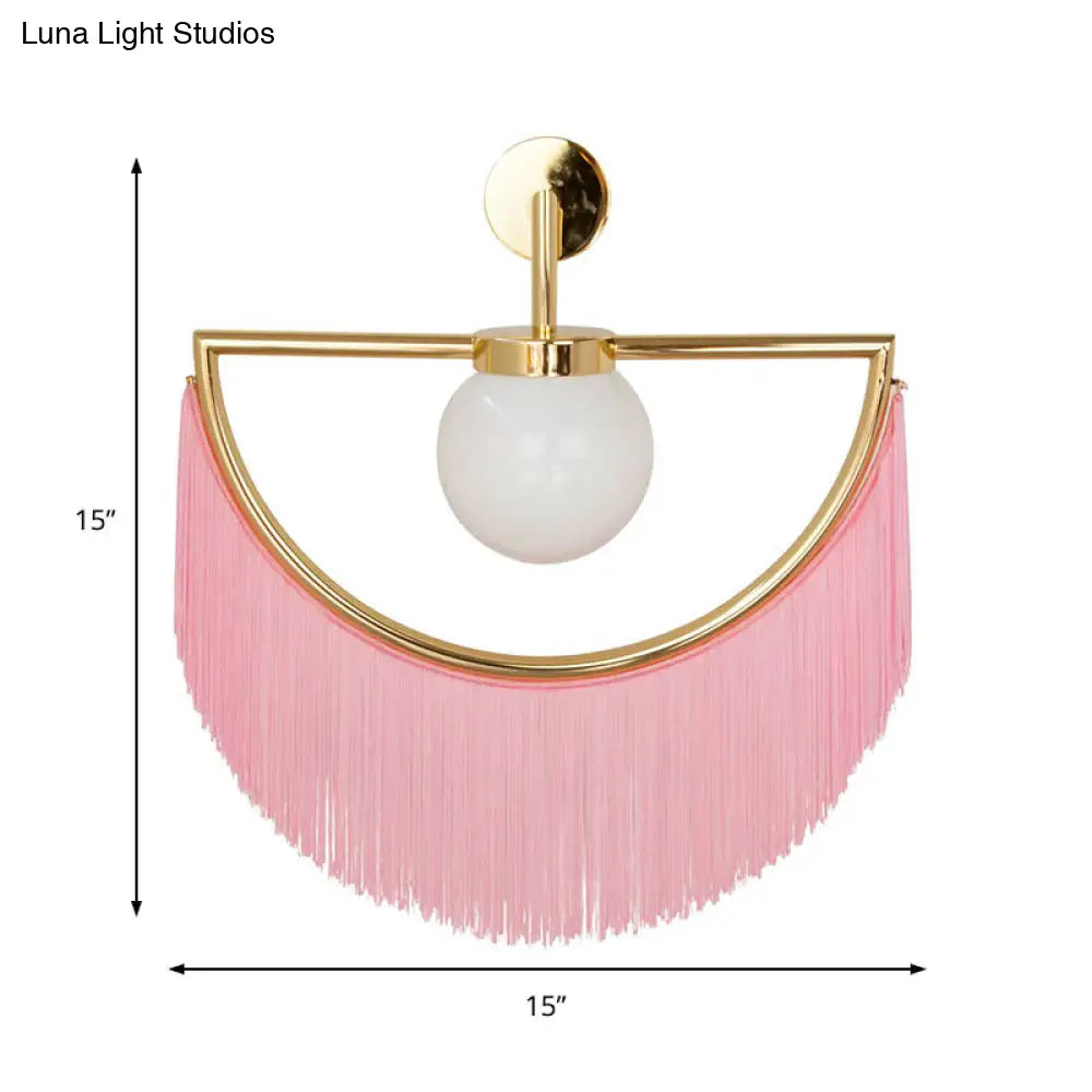 Modern Semi Sphere Sconce Light - Pink/Yellow/Purple Tassel Design Matte White Glass Wall