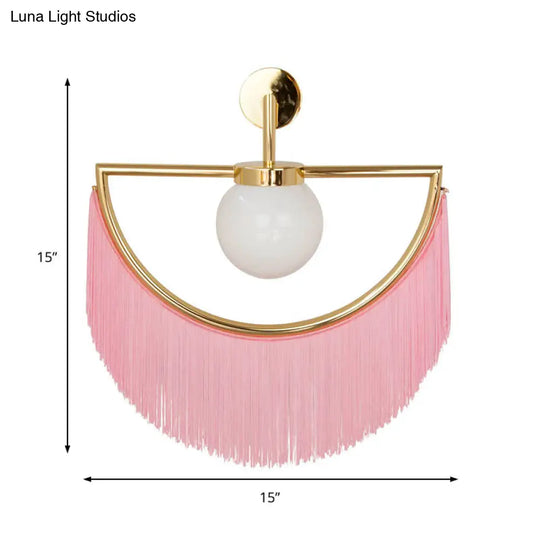 Modern Semi Sphere Sconce Light - Pink/Yellow/Purple Tassel Design Matte White Glass Wall