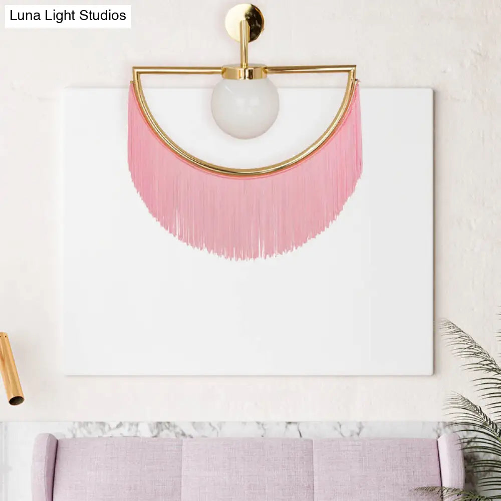 Modern Semi Sphere Sconce Light - Pink/Yellow/Purple Tassel Design Matte White Glass Wall