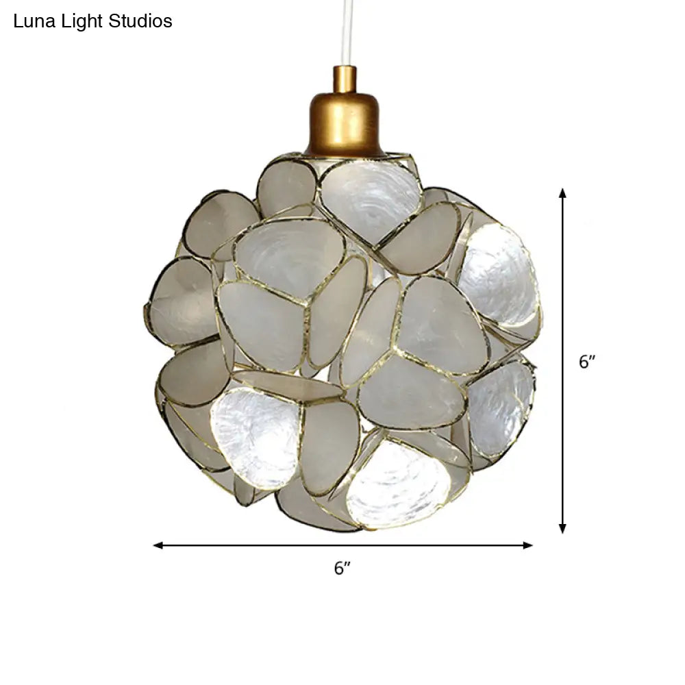 Modern Shell Globe Pendant: Elegant 1-Light Hanging Ceiling Fixture In White/Beige