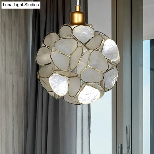 Modern Shell Globe Pendant: Elegant 1-Light Hanging Ceiling Fixture In White/Beige