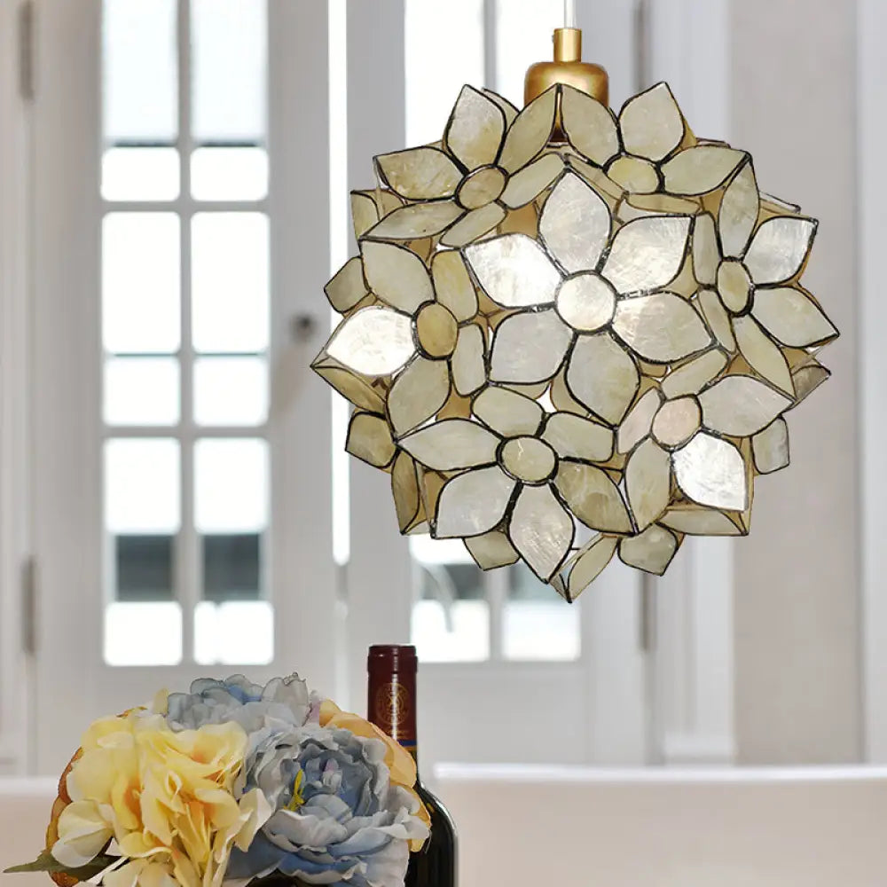 Modern Shell Globe Pendant: Elegant 1-Light Hanging Ceiling Fixture In White/Beige Beige / E