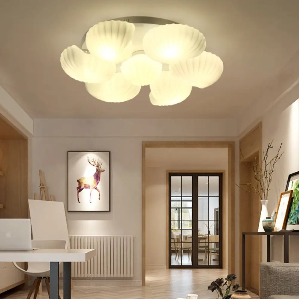 Modern Shell Shape Bedroom Flush Mount Ceiling Light In White Glass Available 3/5/7 Lights 7 /