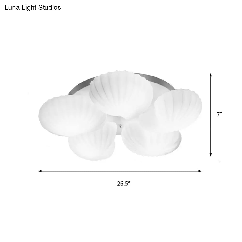 Modern Shell Shape Bedroom Flush Mount Ceiling Light In White Glass Available 3/5/7 Lights