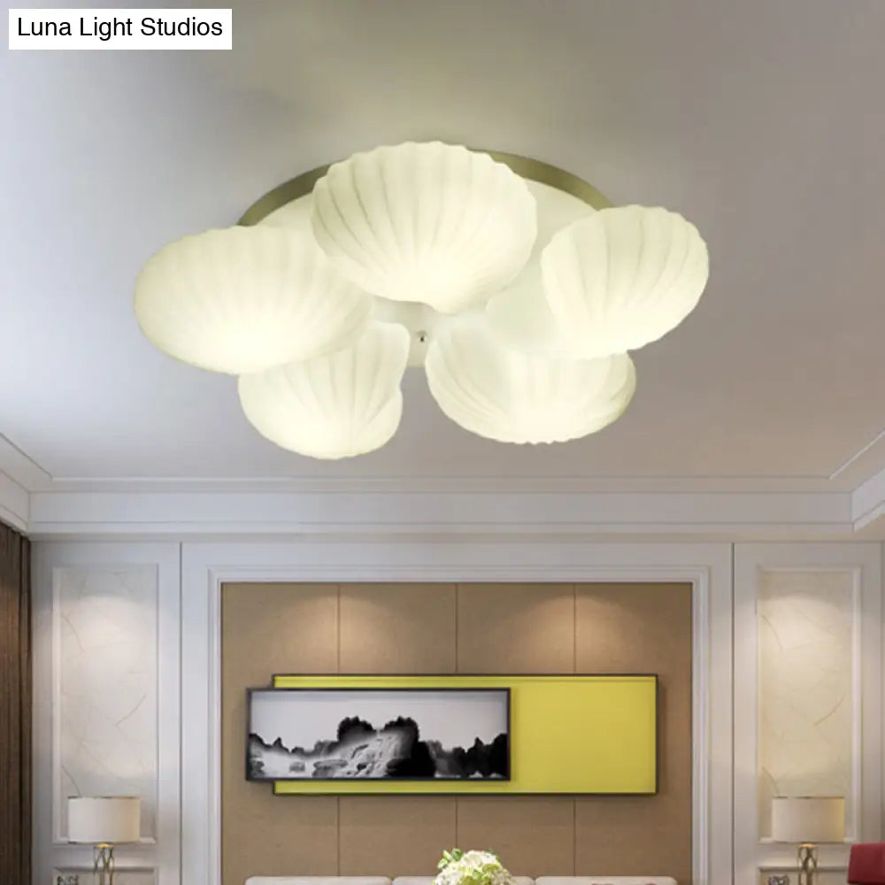 Modern Shell Shape Bedroom Flush Mount Ceiling Light In White Glass Available 3/5/7 Lights