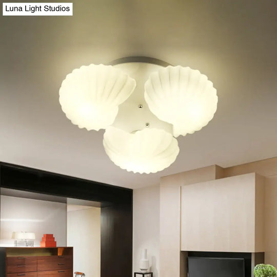 Modern Shell Shape Bedroom Flush Mount Ceiling Light In White Glass Available 3/5/7 Lights