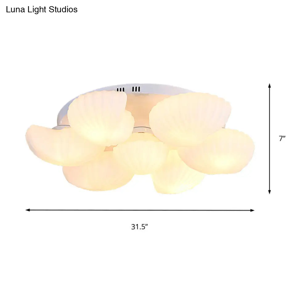 Modern Shell Shape Bedroom Flush Mount Ceiling Light In White Glass Available 3/5/7 Lights