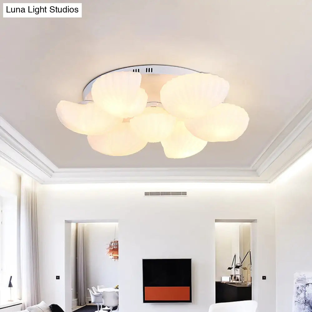 Modern Shell Shape Bedroom Flush Mount Ceiling Light In White Glass Available 3/5/7 Lights