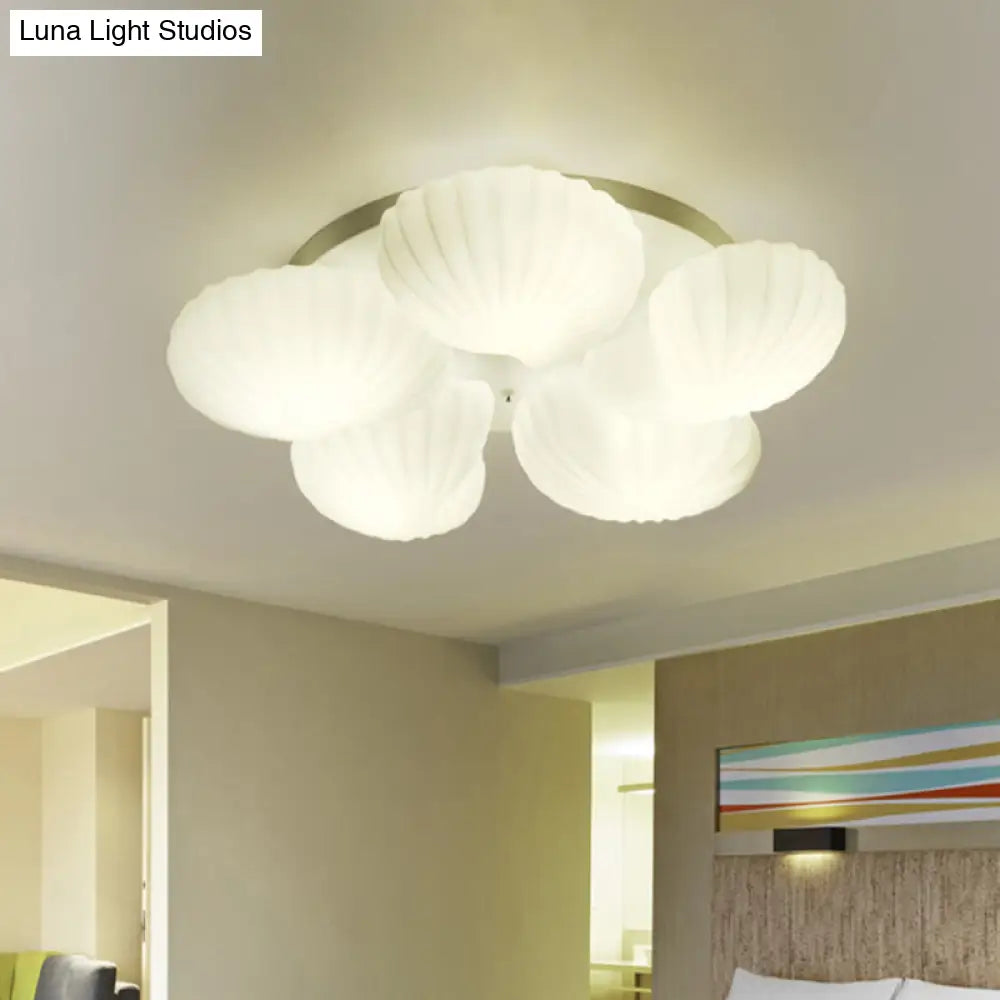 Modern Shell Shape Bedroom Flush Mount Ceiling Light In White Glass Available 3/5/7 Lights