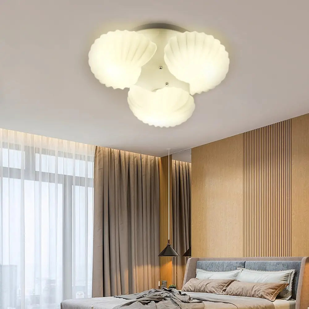 Modern Shell Shape Bedroom Flush Mount Ceiling Light In White Glass Available 3/5/7 Lights 3 /
