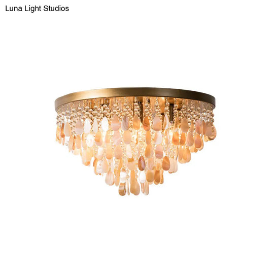 Modern Shell Tiered Flush Mount Light With Crystal Bead - Brass Finish | 6/9 Lights 16/19.5 W