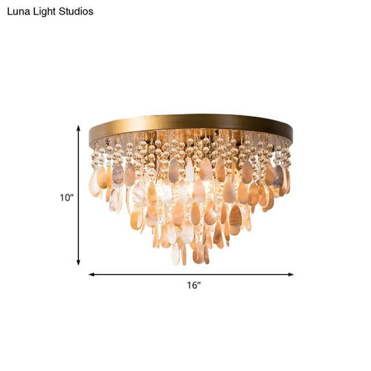 Modern Shell Tiered Flush Mount Light With Crystal Bead - Brass Finish | 6/9 Lights 16’/19.5’ W