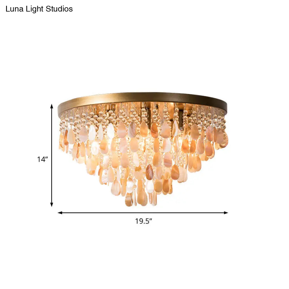 Modern Shell Tiered Flush Mount Light With Crystal Bead - Brass Finish | 6/9 Lights 16/19.5 W