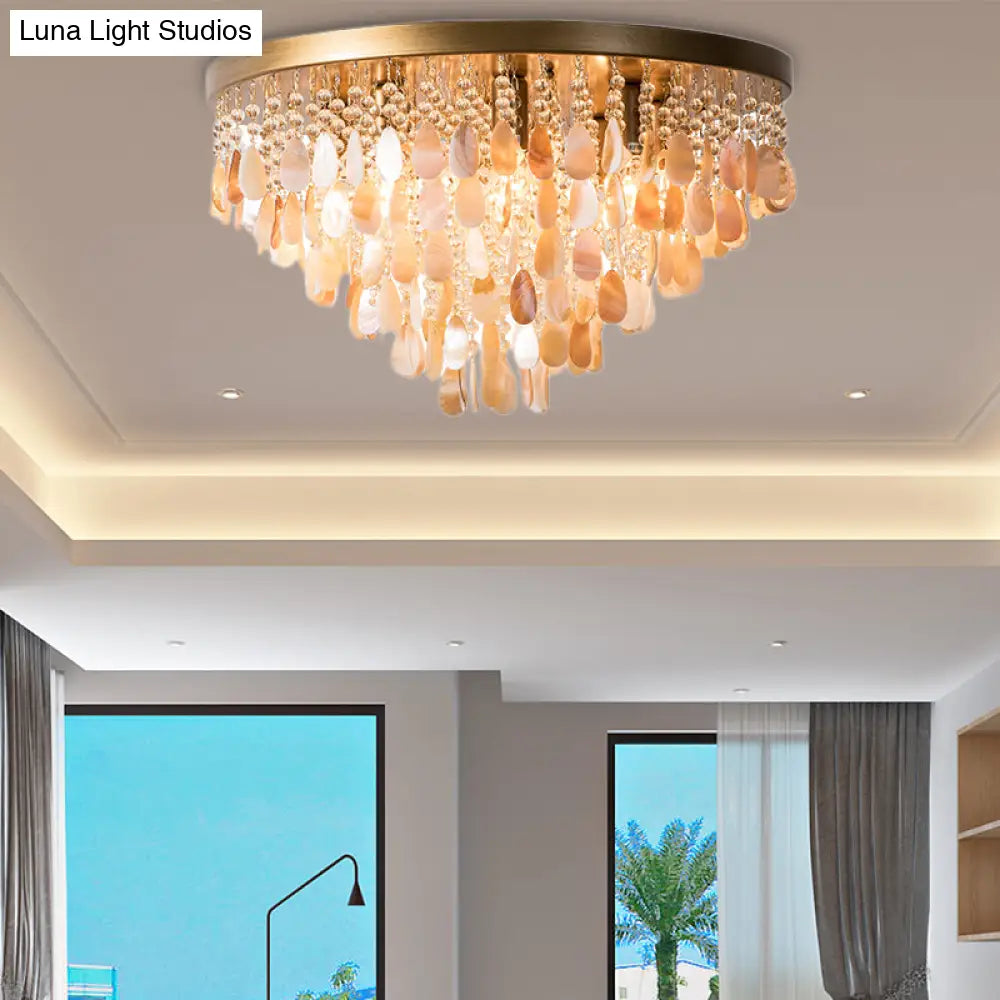 Modern Shell Tiered Flush Mount Light With Crystal Bead - Brass Finish | 6/9 Lights 16/19.5 W