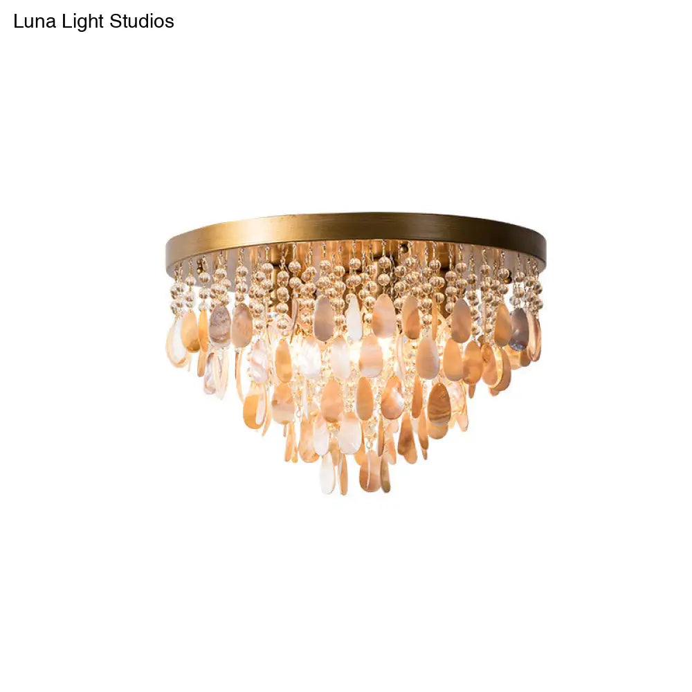 Modern Shell Tiered Flush Mount Light With Crystal Bead - Brass Finish | 6/9 Lights 16/19.5 W